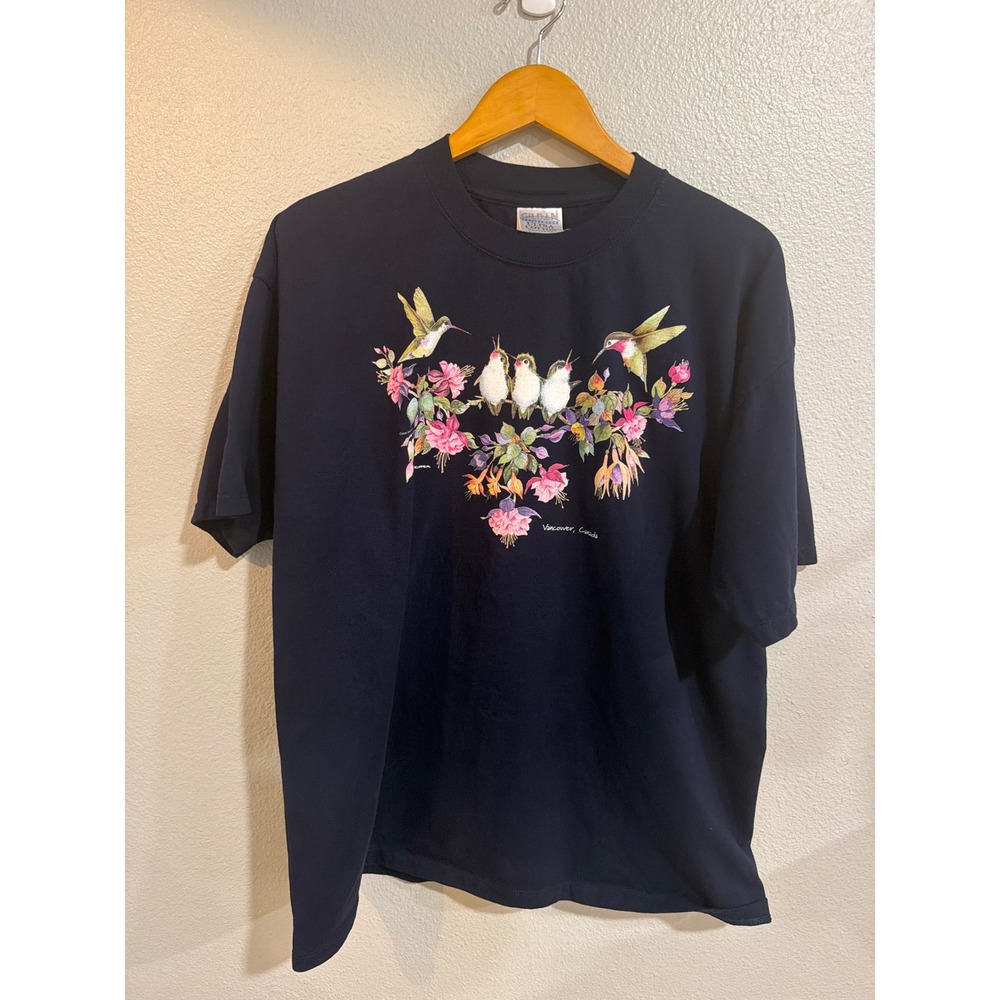 Gildan Graphic T-Shirt Women XL Navy Hummingbird Floral Vancouver Canada Vtg